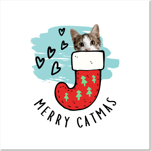 Cat in Christmas sock, Merry Catmas with heart, Merry Christmas with cat Wall Art by BalmyBell